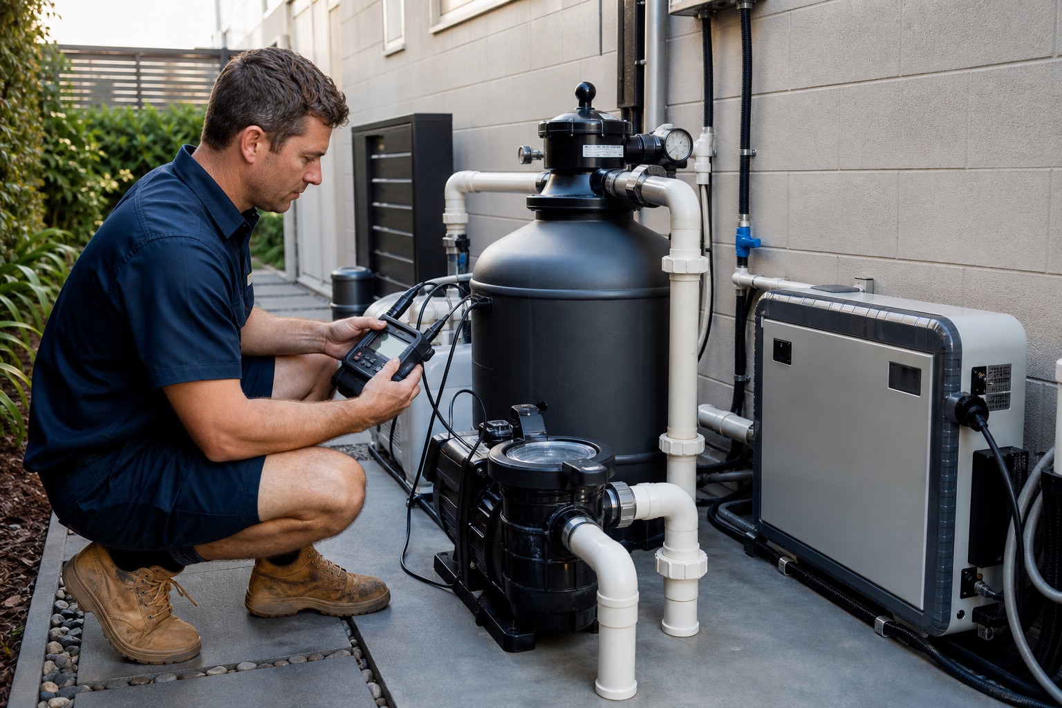 Technician diagnosing residential pool pump and filtration equipment